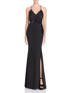 AQUA ~ Black Jersey Velvet & Lace Trim Side Slit Sheath Evening Gown S NEW $168 - Picture 1 of 13