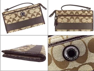 Coach Signature Stripe Zippy Wallet F48072 Khaki/Mahogay Wristlet Iphone Was$138 - Picture 1 of 10