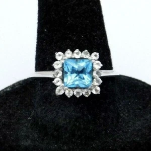 Retro Cocktail Ring 925 Silver Gemstone Light Blue Princess Cut CZ Accents 7.25 - Picture 1 of 4