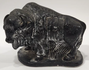 Vintage Hand Carved Canada Soapstone Bison Sculpture Figurine Black Collectible - Picture 1 of 9