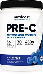 Nutricost Pre-C, Pre-Workout Complex with Creatine Powder (Blue Raspberry) 450g - Picture 1 of 5