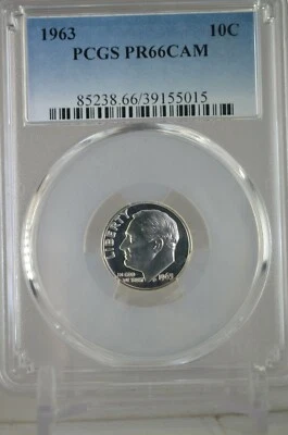 PR66CAM 1963 90% SILVER ROOSEVELT DIME PCGS GRADED 10C PROOF COIN US PR 66 CAMEO - Image 1 of 4