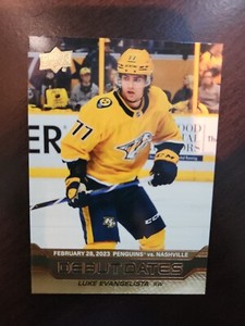 Luke Evangelista 2023-24 Upper Deck Debut Dates Gold Parallel RC Card #DD-3