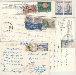 ITALY-EGYPT 5 Airmail Postcards Tied Commemorative Stamps Send Cairo 1958-60 - Picture 1 of 6