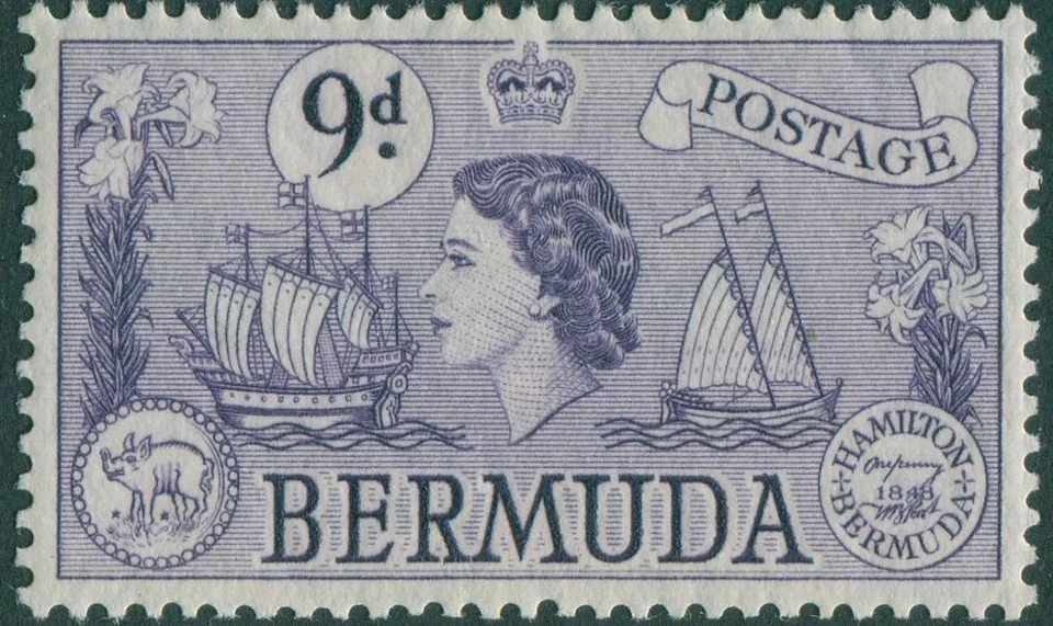 Bermudas 1953 SG143b 9d violeta QEII galeón MNH Foto 1 de 1