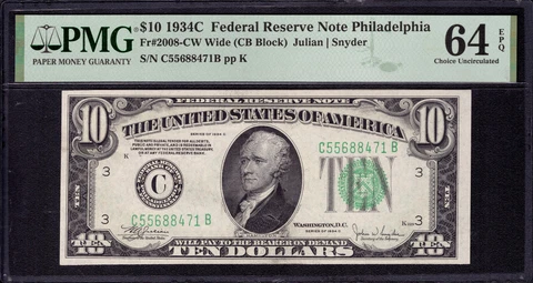 1934 C $10 FEDERAL RESERVE NOTE PHILADEPHIA FR.2008-C WIDE PMG CHOICE UNC 64 EPQ Cover