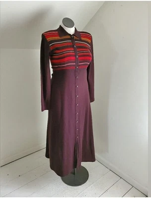 90s Vtg Liz Claiborne Wool Blend Retro Stripe Collared Maxi Dress 32" waist - Image 1 of 4