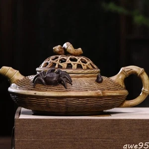 Yixing Purple Clay Pot Pure Handmade Bamboo Weaving Hollow Crab Antique Pot - Picture 1 of 3