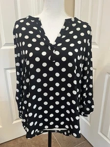 Daniel Rainn L Black White Polka Dot 3/4 Roll Tab Button Sleeve Flowy Blouse Top - Picture 1 of 13