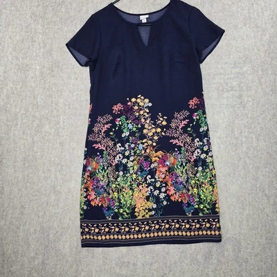 Womens Floral Knee-Length Shift Dress Navy Blue With Short Sleeves - Image 1 of 4