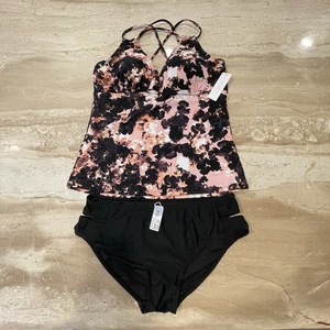 Tankini Swim Suit Set NEW XL Black Pink Floral Removable Pads Beachy Resort Pool - Picture 1 of 12