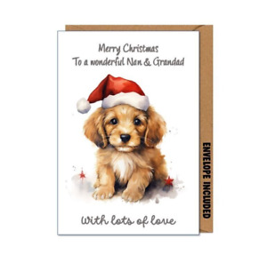 Nan & Grandad at Christmas Card Puppy Dog for you both Xmas Animals Cute A2
