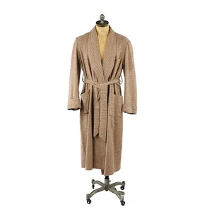 Vintage 30s 40s Hartleys Wool Tan + Red Houndstooth Shawl Collar Blanket Robe L - Picture 1 of 9