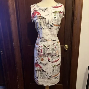CHETTA B Women's White Mix Paris Or Italy Print 100% Cotton Dress 12 - Picture 1 of 15