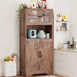 Rustic Kitchen Pantry Utility Cabinet Cupboard Glass Doors Large Storage Capacit - Picture 1 of 24