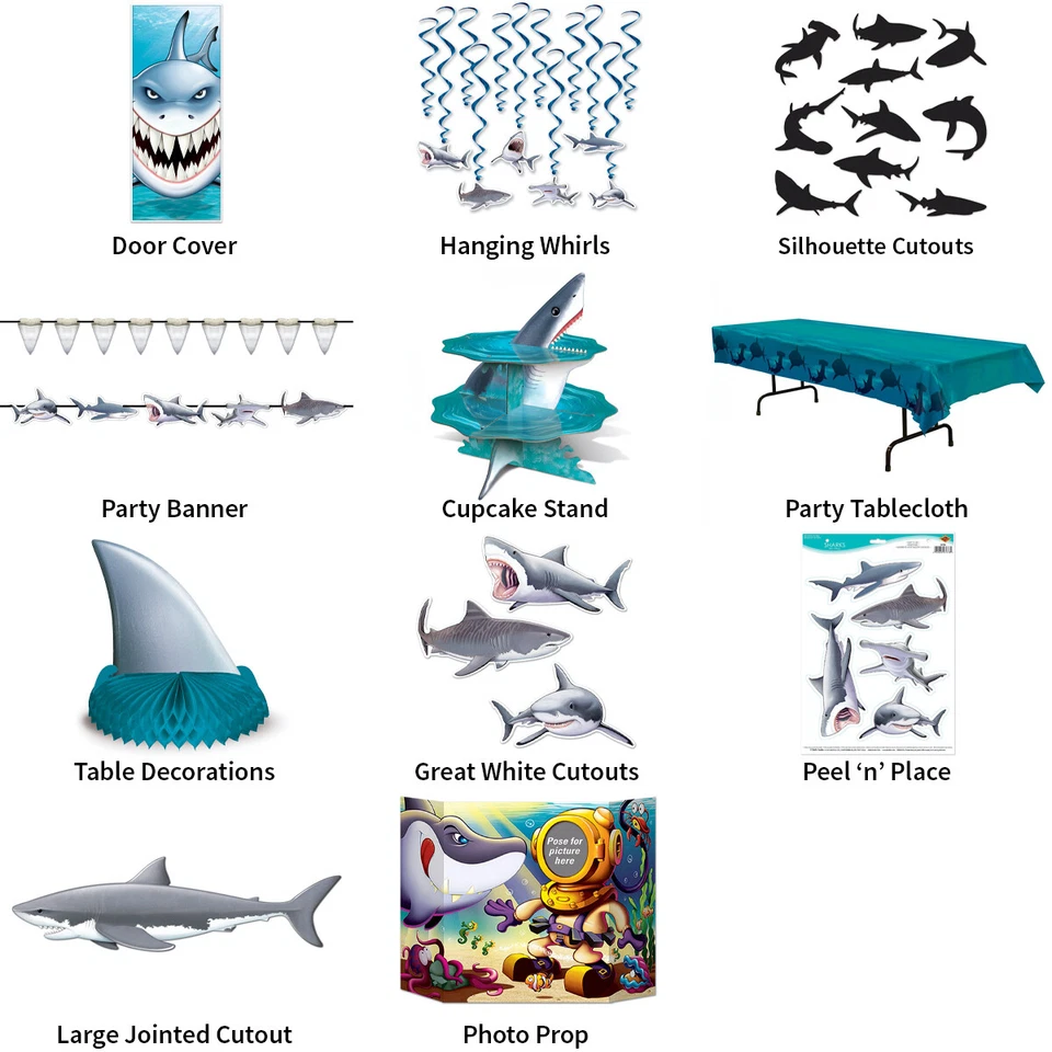 KILLER SHARKS UNDER THE SEA THEMED DECORATIONS - PARTYWARE COMPLETE SELECTION - Image 1 of 1