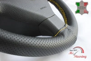 FOR PONTIAC GRAND AM 97-98 BLACK PERF LEATHER STEERING WHEEL COVER YELLOW STIT - Picture 1 of 6