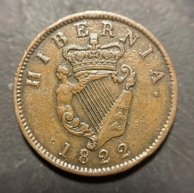 1822 Ireland Hibernia 1/2 Penny - Solid Coin Item#442 - Image 1 of 4