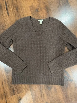 Твид 100% кашемир свитер L коричневый вересковый пуловер кабель трикотажа v-образным вырезом - Изображение 1 из 4