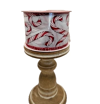 Red White Striped Candy Canes Wired Christmas Holiday Ribbon 10 YDS = 30 Ft 2.5" - Image 1 of 3