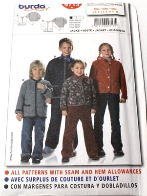 Burda 9713 Girls Boys Child Jacket 4-5-6-7-8-9-10-11-12 Sewing Pattern UNCUT OOP - Image 1 of 2
