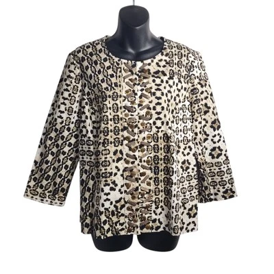 RUBY RD Beaded Blazer Womens Black Tan Leopard Print 3/4 Sleeves Stretch Size 12 - Image 1 of 4