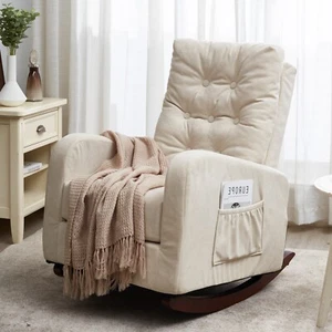 Baby Nursery Glider Rocking Chair Upholstered Arm Chair w/Side Pockets Wood Base - Picture 1 of 7