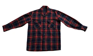 Vintage 60s 70s Shirt Loop Collar Plaid Wool Flap Pocket Button Up L Homemade - Picture 1 of 10