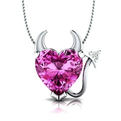 14k White Gold Plated Pink Sapphire & Diamond Devil Heart Pendant Necklace X-Mas - Image 1 of 4