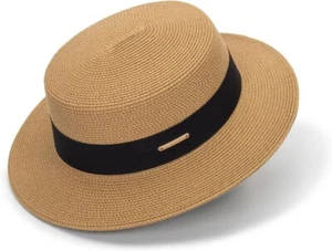 Women-Straw-Sun-Hats-Wide-Brim - Porkpie Fedora UPF50 Manhattan Medium Khaki - Picture 1 of 9