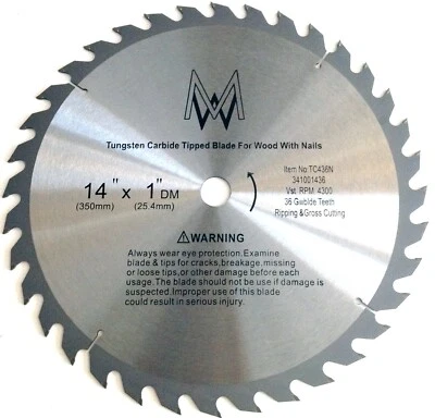 MCGILLS WAREHOUSE 14" Inch 36 Tooth Carbide Circular Saw Blade for WOOD with Nails
