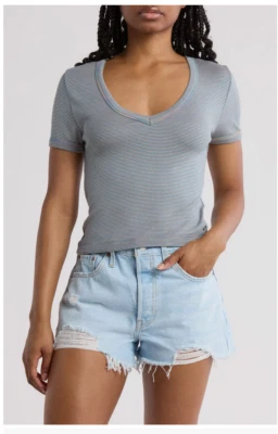 VOLCOM ~ New! NWT S 4/6 ~ LIL' STRIPE Stretchy Viscose V-Neck Surfer T-Shirt 07 - Image 1 of 3