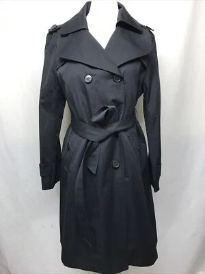 Ellen Tracy Wome 黑色雨衣 L 码全衬里口袋腰带纽扣前襟 — 第 1/4 张图片