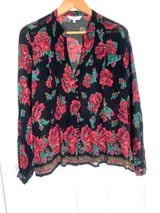 EAST black floral crepe v neck blouse, covered buttons, pintucks, size 14, used - Picture 1 of 12