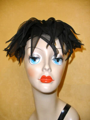 1960's Black Flirty Evening Demi Hat w/ Fingers of Chiffon Fabric - Image 1 of 4
