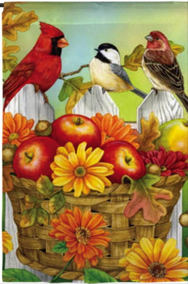 NEW MEADOW CREEK FALL GARDEN FLAG APPLES & ACORNS CARDINAL CHICKADEE  12.5  x 18 - Image 1 of 1