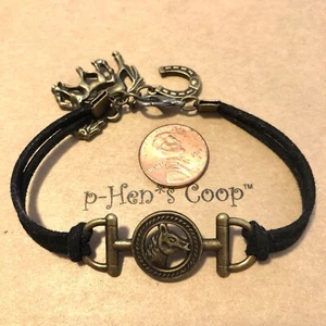 Bracelet Mare & Foal Horse Horseshoe Black Leather 7-7 1/2” Handmade USA 1691 - Picture 1 of 2