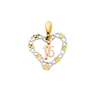 14K 3 Color Gold 15 Years Quinceanera Heart CZ Charm Pendant For Necklace Chain - Picture 1 of 4