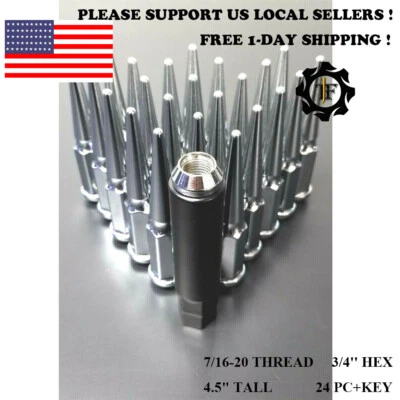 24PC+KEY CHROME 4.5'' TALL SPIKE LUG NUTS | 7/16 | CHEVY | GMC | K10 | K2 | USA - Image 1 of 3