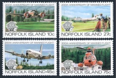 Norfolk 310-313,313a,MNH.Mi 306-309,Bl.5.Manned flight,200,1983.Helicopter,Plane - Image 1 of 2