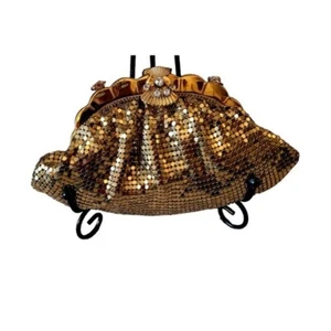 Gold Metal Mesh Evening Bag Clutch Wrist Bag Vintage Art Deco - Picture 1 of 5