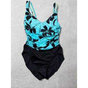 Miraclesuit Womens One Piece Swimsuit Sz 12 Aqua Blue Black Floral V Neck Lycra - Picture 1 of 14