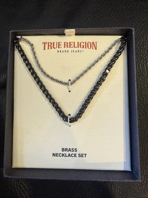 TRUE RELIGION Necklace Bracelet Set Silver Tone Black Stainless Steel 18+2" - Image 1 of 2