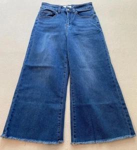 Elv Jeans Girls Size 12 Blue Denim Regular Wide Leg Frayed Button Zip Pocket - Picture 1 of 10