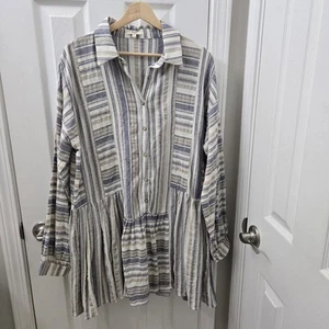 Easel Los Angeles Mini Dress Women Medium Striped Button Up Tunic Linen Blue Tan - Bild 1 von 14