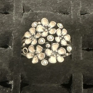 Pandora Sterling Silver Pink Enamel Seed Pearl Flower ring Ale Missing Stone - Picture 1 of 5