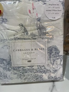 Cabbages Roses KING Country Toile Duvet Cover Set Shams Slate Grey White - Picture 1 of 10