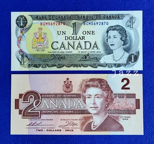 Canada Banknotes 1973 $1 One & 1986 $2 Two Dollar Old Paper Money Crisp Bill - Picture 1 of 2