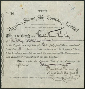 Angelica Steam Ship Company Ltd., £50 shares, 1895, only 50 issued - Picture 1 of 1