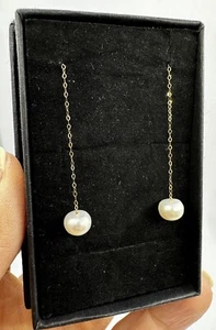 NEW 18ct Solid Yellow Gold Pearl Dangle Threader Earrings On Cable Chain 750 18k - Picture 1 of 11